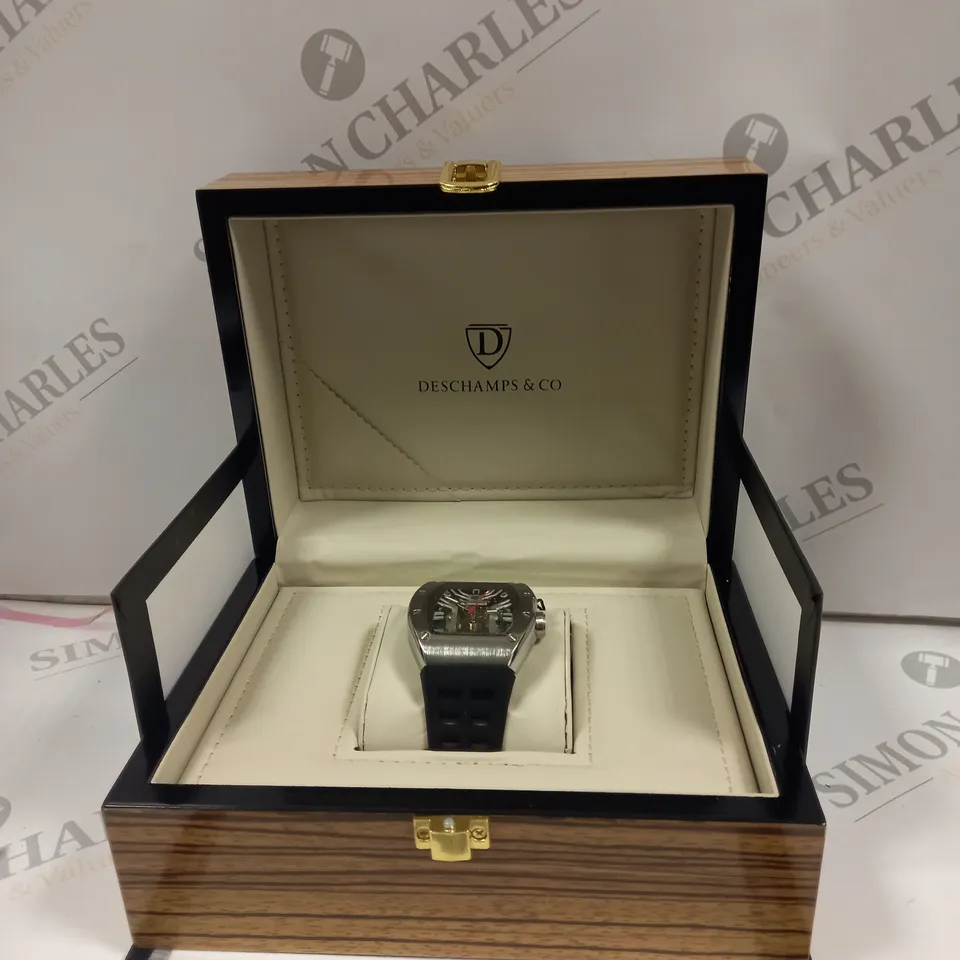 MENS AUTOMATIC DESCHAMPS & CO WATCH – SKELETON DIAL – GLASS EXHIBITION BACK CASE – RUBBER STRAP – WOODEN GIFT BOX