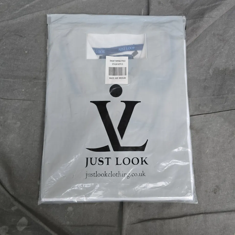 BAGGED JUST LOOK SHORT TIPPING POLO SHIRT – WHITE, SIZE MEDIUM (STP 21)