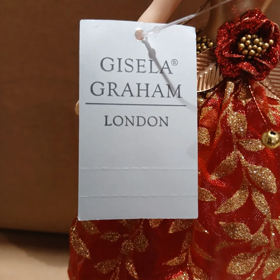 THIRTY SIX GISELA GRAHAM LONDON DECORATIVE DOLL IN RED AND GOLD LEAF-PATTERN GOWN