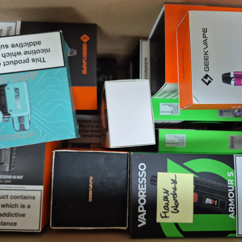 BOX OF APPROXIMATELY 20 ASSORTED VAPING ITEMS AND PRODUCTS TO INCLUDE VAPORESSO, GEEK VAPE, ETC