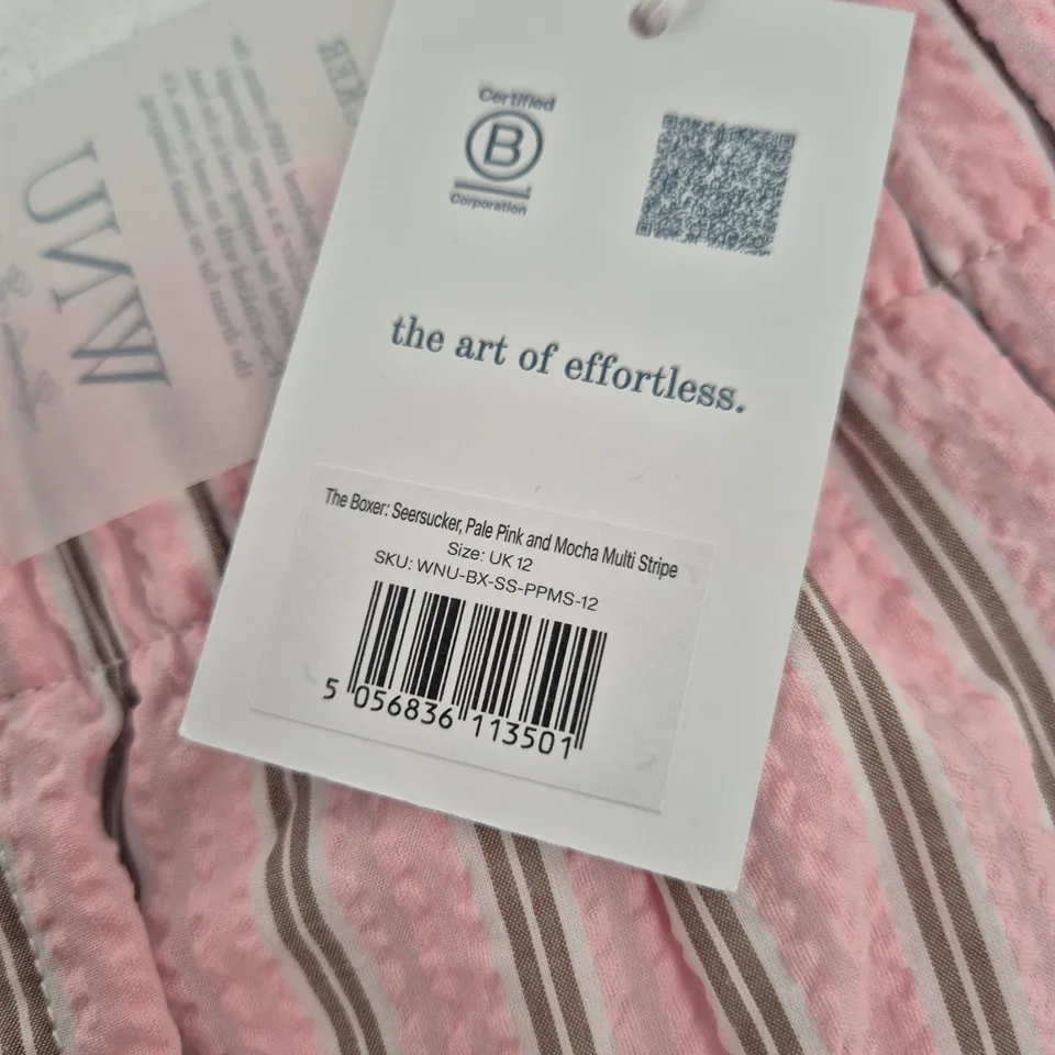 WNU THE BOXER SEERSUCKER SHORTS – PALE PINK & MOCHA STRIPE, UK 12