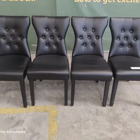 SET OF FOUR UPHOLSTERED BUTTONED RING BACK DINING CHAIRS BLACK PU ON BLACK LEGS 