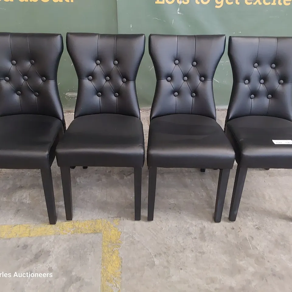 SET OF FOUR UPHOLSTERED BUTTONED RING BACK DINING CHAIRS BLACK PU ON BLACK LEGS 