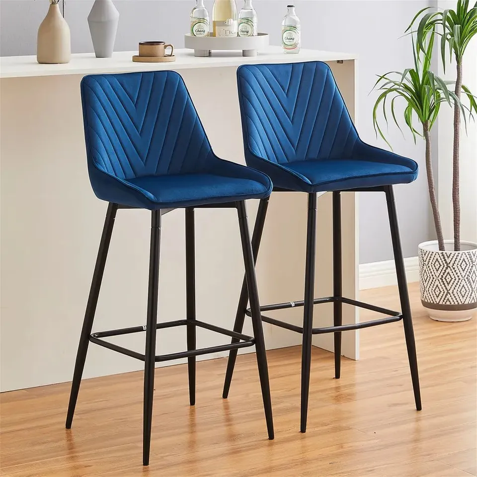 BOXED CLIPOP VELVET BAR STOOLS SET OF 2, COUNTER CHAIRS WITH BACKREST, BAR, RESTAURANT, BLUE (1 BOX)