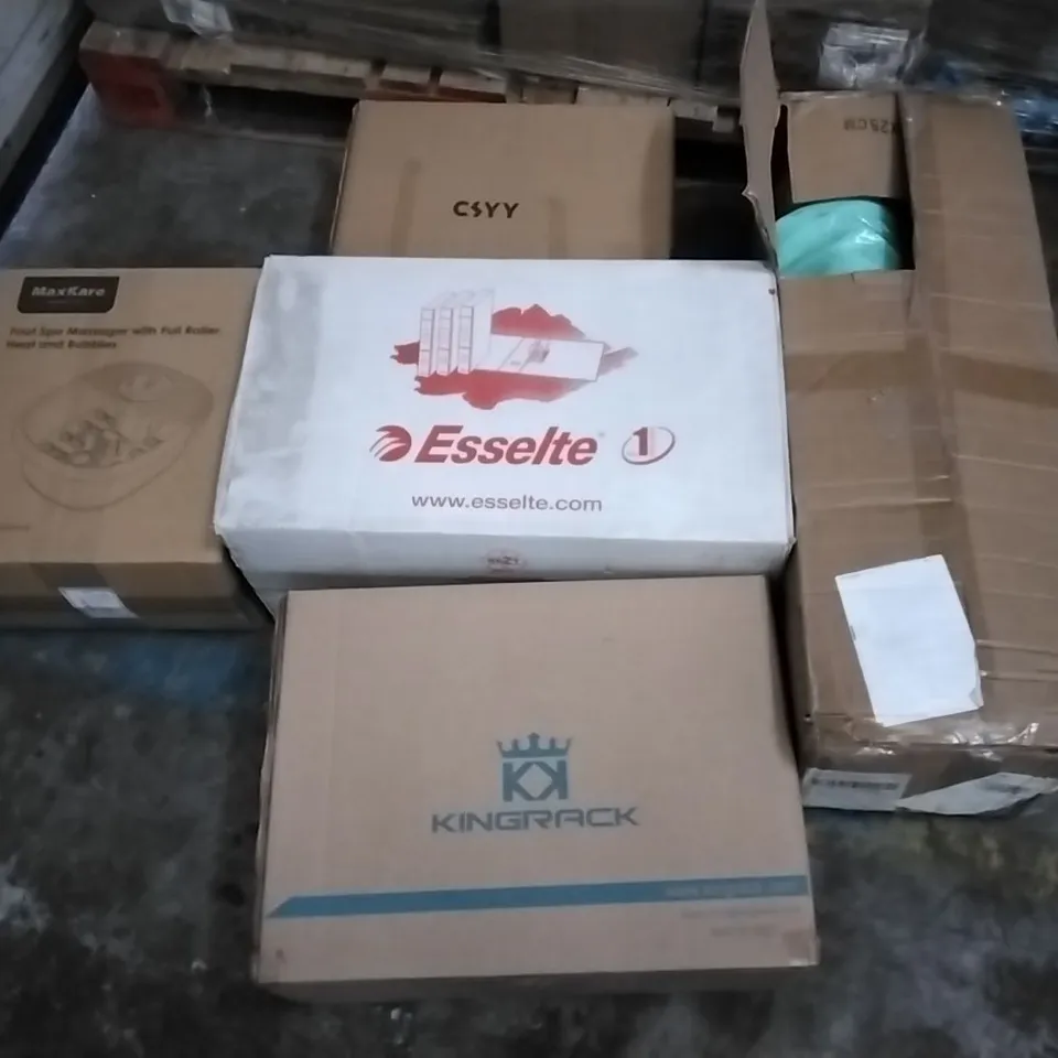 PALLET OF ASSORTED ITEMS INCLUDING MAXKARE FOOT SPA MASSAGER, ESSELTE, KINGRACK ALUMINUM DISH DRYING RACK, UNBEATEN AIR COOLER, CSYY CERAMIC KITCHEN SET