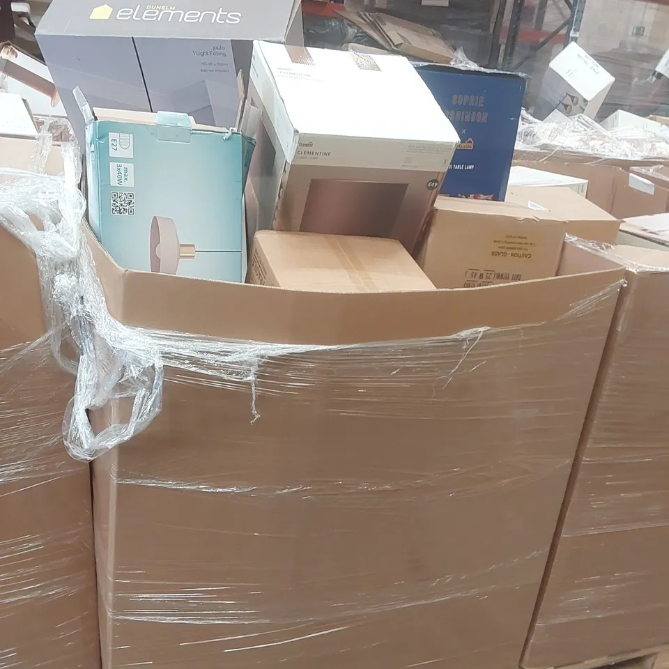 PALLET CONTAINING A VERY LARGE QUANTITY OF ASSORTED DESIGNER LIGHTING PRODUCTS INCLUDING: CLEMENTINE TABLE LAMP, BELDI TABLE LAMP, AMALFI TABLE LAMP, PRESTON PLUSH CEILING LIGHT ECT