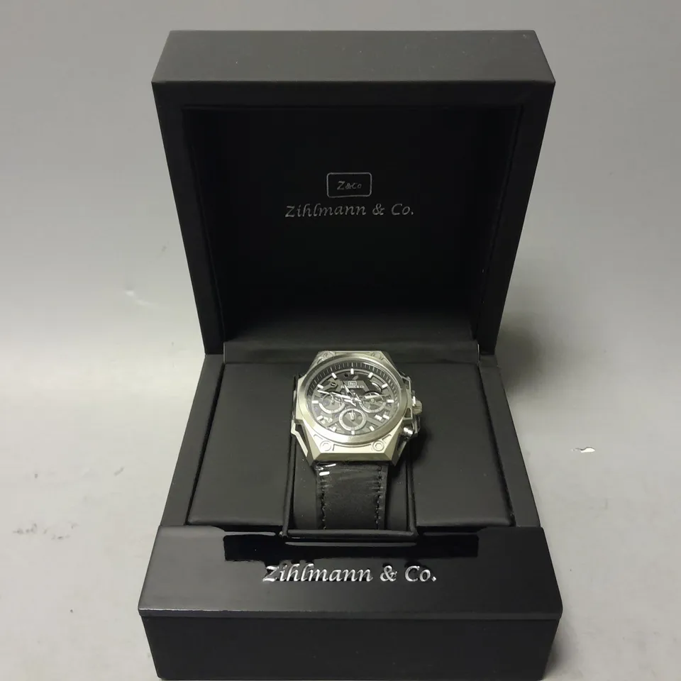 MEN’S ZIHLMANN & CO CHRONOGRAPH WATCH – MODEL ZC100 – STAINLESS STEEL CASE - 5ATM WATER RESISTANT – BLACK GENUINE LEATHER STRAP 