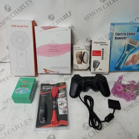 BOX OF APPROX. 8 ASSORTED ITEMS TO INCLUDE CONSOLE CONTROLLER, SMALL USB FAN, DIGITAL VOICE RECORDER, ETC.