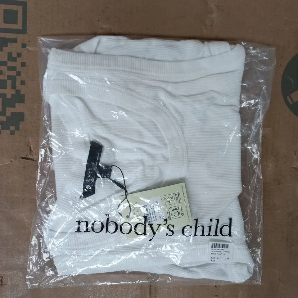 BAGGED NOBODY'S CHILD SCOOP NECK VEST IN WHITE SIZE UK SMALL