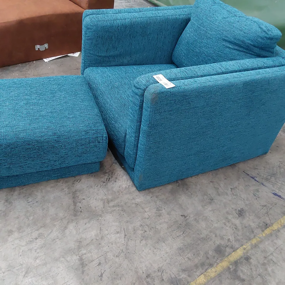 DESIGNER EASY CHAIR & FOOTSTOOL BLUE FABRIC 