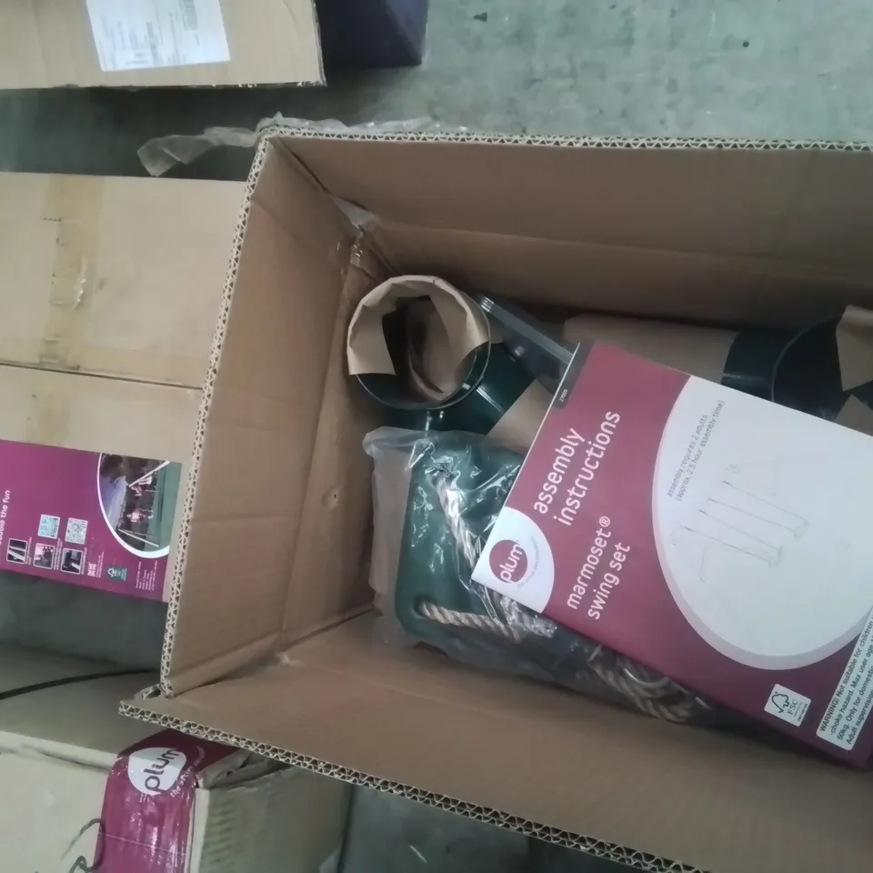 TWO BOXES OF PLUM MARMOSET WOODEN GARDEN SWING ACCESSORIES/FIXINGS