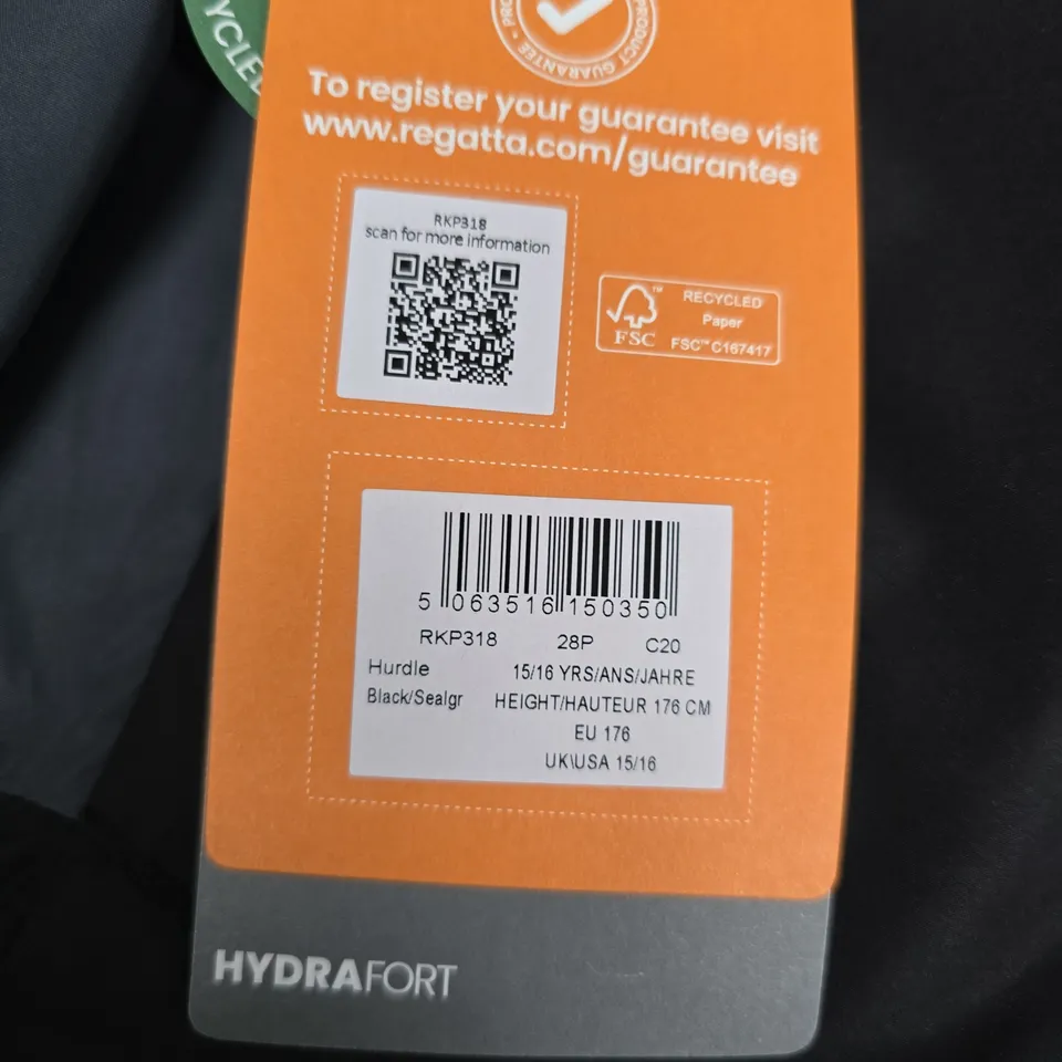 REGATTA HYDRAFORT KIDS WATERPROOF JACKET – UK 15/16, BLACK WITH GREY PANELS