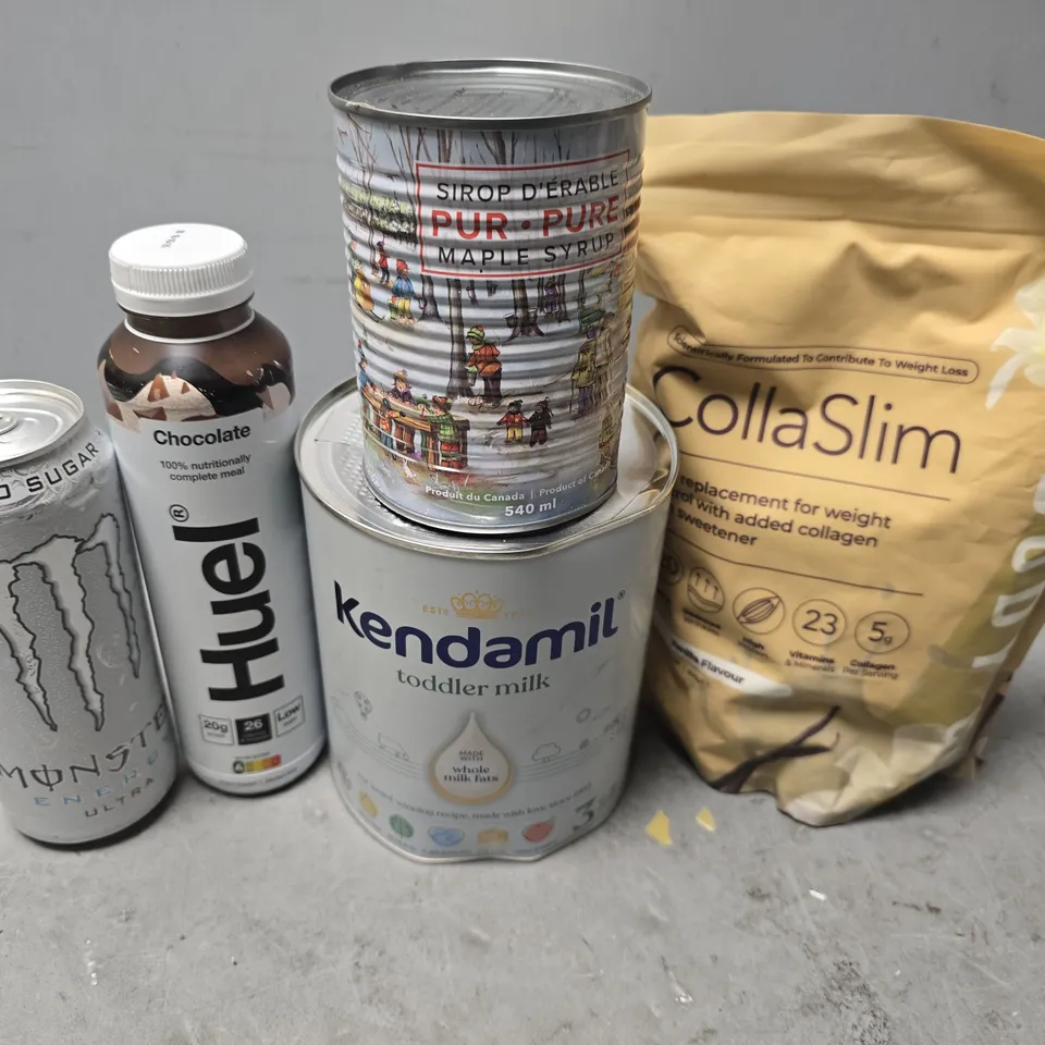 APPROXIMATELY 9 ASSORTED FOOD & DRINK ITEMS TO INCLUDE - MONSTER ENERGY ULTRA , HUEL CHOCOLATE ETC