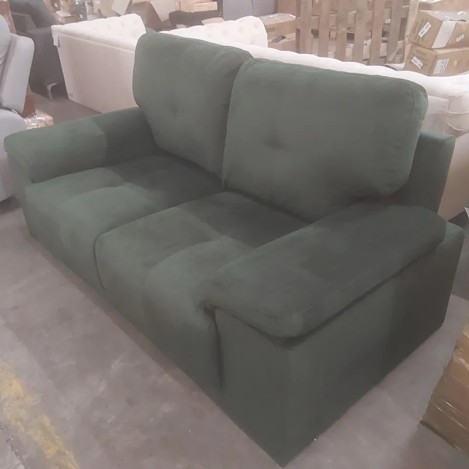 DESIGNER 2 SEATER GREEN VELVET UPHOLSTERED SOFA 