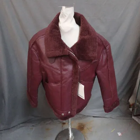 BERSHKA FAUX LEATHER JACKET IN WINE RED SIZE S