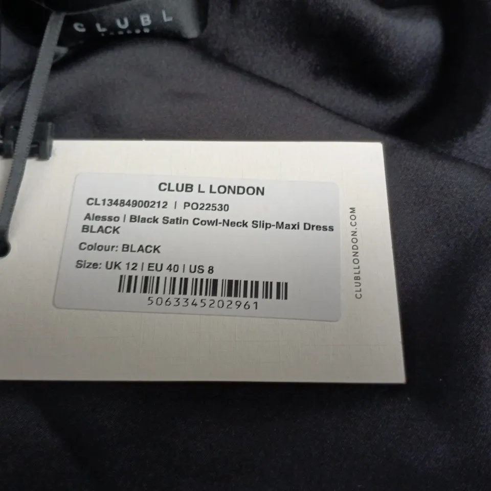 CLUB L LONDON ALESSO BLACK SATIN COWL-NECK SLIP-MAXI DRESS – UK 12