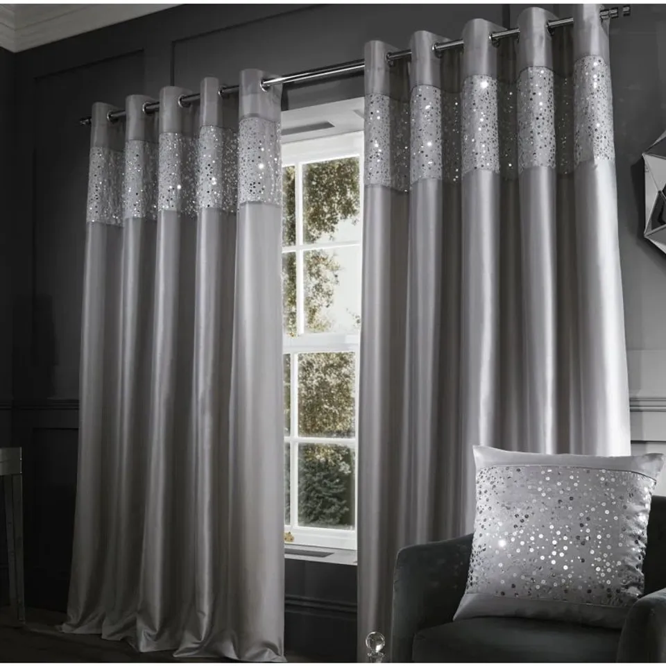 BAGGED GLITZY SEQUIN EYELET CURTAINS - GREY // SIZE: 66X99