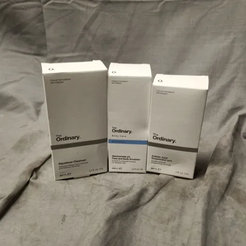 BOXED THE ORDINARY TRIO TO INCLUDE SQUALANE CLEANSER, FACE AND BODY EMULSION, AZELAIC ACID SUSPENSION 10%