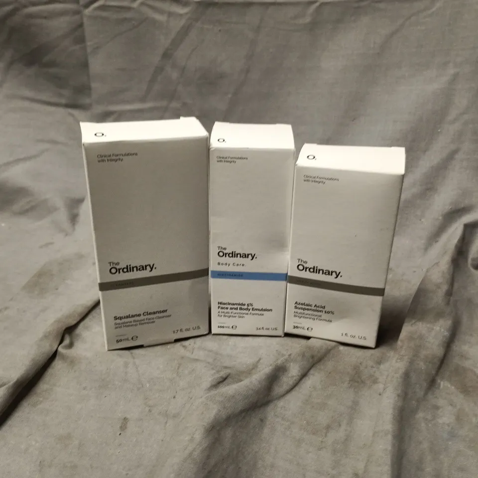 BOXED THE ORDINARY TRIO TO INCLUDE SQUALANE CLEANSER, FACE AND BODY EMULSION, AZELAIC ACID SUSPENSION 10%