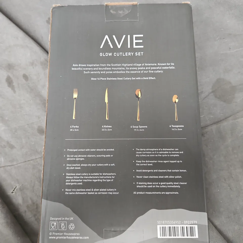 AVIE GLOW CUTLERY SET – 16 PIECE STAINLESS STEEL WITH GOLD FINISH, BOXED