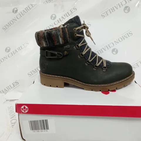 BOXED PAIR OF RIEKER MULTI CUFF HIKING BOOTS GREEN - UK SIZE 7.5