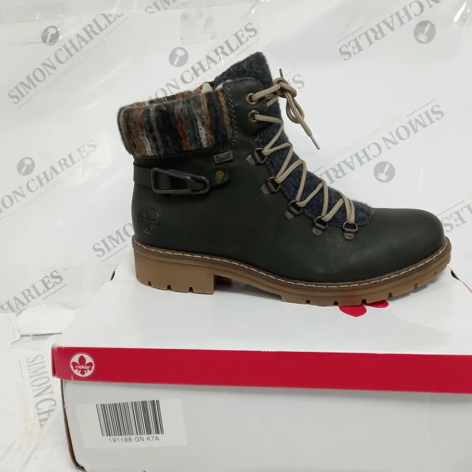 BOXED PAIR OF RIEKER MULTI CUFF HIKING BOOTS GREEN - UK SIZE 7.5