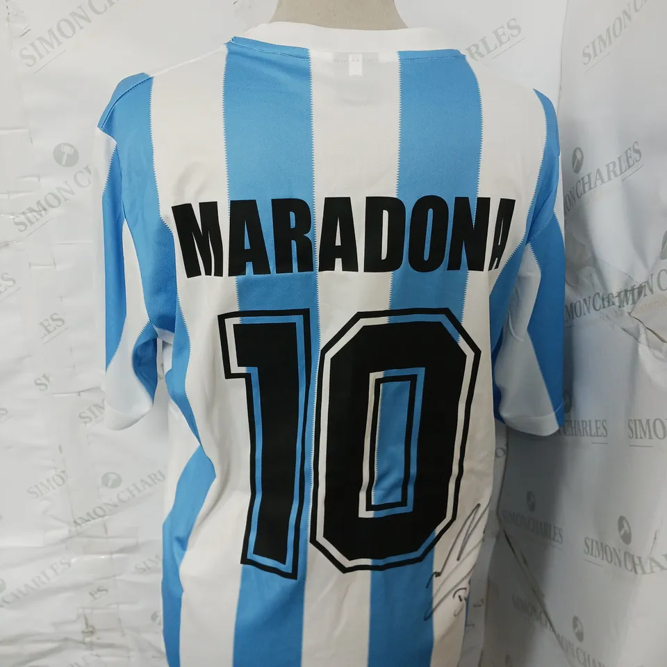 1986  ARGENTINA LE COQ SPORTIF HOME FOOTBALL JERSEY NUMBERED 10 SIGNED BY DIEGO ARMANDO MARADONA WITH CERTIFICATE OF AUTHENTICITY - COLLECTION ONLY 