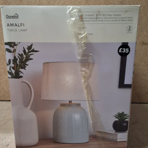 BOXED DUNELM AMALFI TABLE LAMP – CERAMIC SAGE FINISH WITH NEUTRAL SHADE