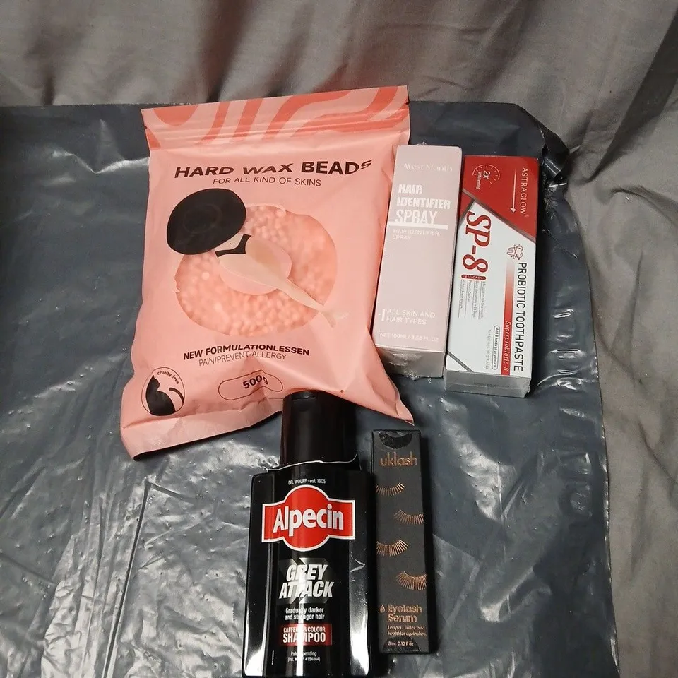 APPROXIMATELY 20 ASSORTED COSMETICS INCLUDING HARD WAX BEADS, HAIR IDENTIFIER SPRAY, TOOTHPASTE, ALPECIN GREY ATTACK SHAMPOO, EYELASH SERUM ETC