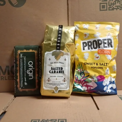 APPROXIMATELY 8 ASSORTED FOOD AND DRINK ITEMS TO INCLUDE POPCORN, GROUND COFFEE, ETC