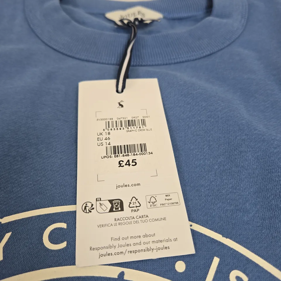 JOULES GRAPHIC CREW BLUE HOODIE UK 18 TAGGED 