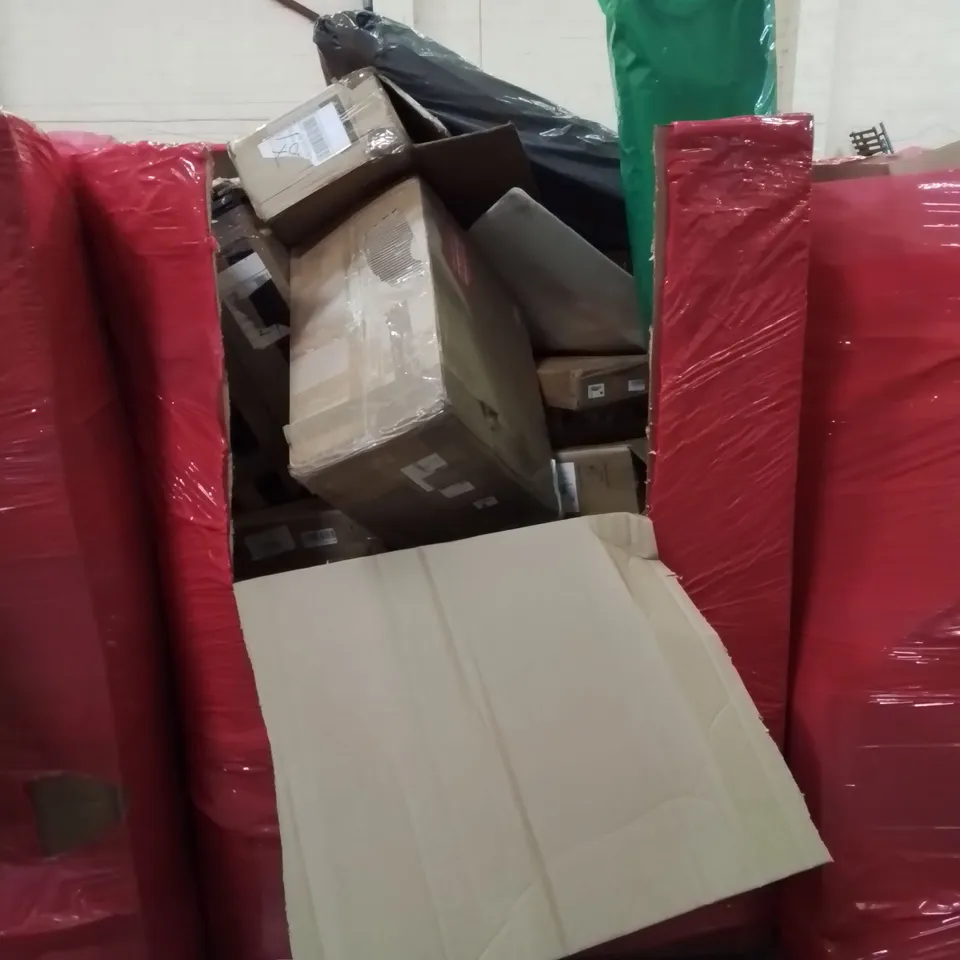 PALLET OF ASSORTED HOUSEHOLD ITEMS AND CONSUMER PRODUCTS TO INCLUDE; VARIOUS BOXED FURNITURE AND HOUSEHOLD ITEMS