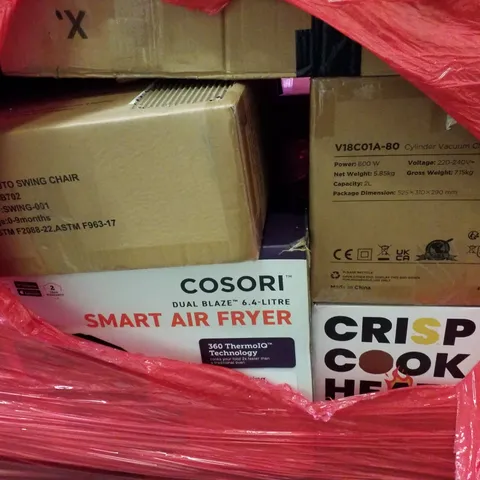 PALLET OF ASSORTED PRODUCTS INCLUDING AUTO SWING CHAIR, SMART AIR FRYER, CYLINDER VACUUM, MATTRESS