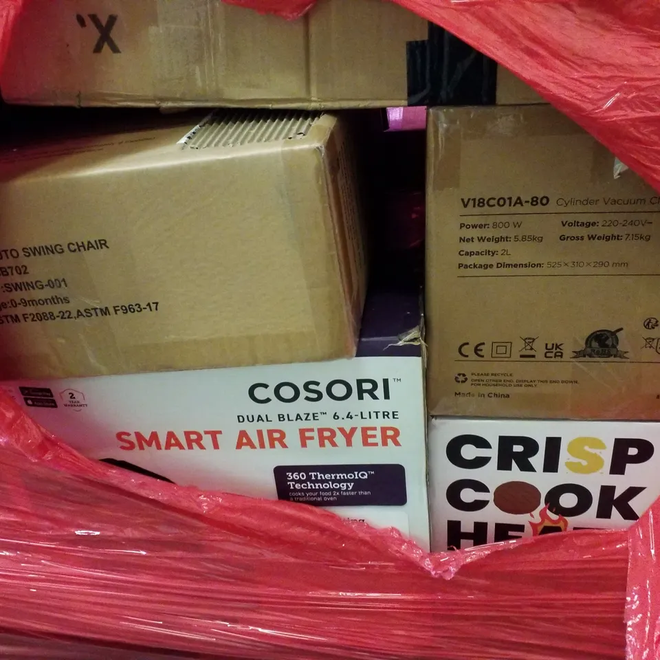 PALLET OF ASSORTED PRODUCTS INCLUDING AUTO SWING CHAIR, SMART AIR FRYER, CYLINDER VACUUM, MATTRESS 