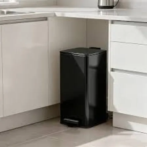 BOXED KITCHEN PEDAL BIN SQUARE STAINLESS STEEL BLACK 30 LITRE