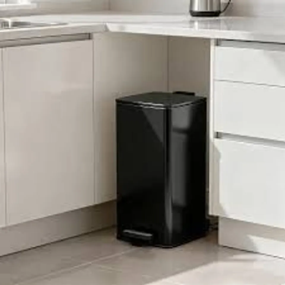 BOXED KITCHEN PEDAL BIN SQUARE STAINLESS STEEL BLACK 30 LITRE