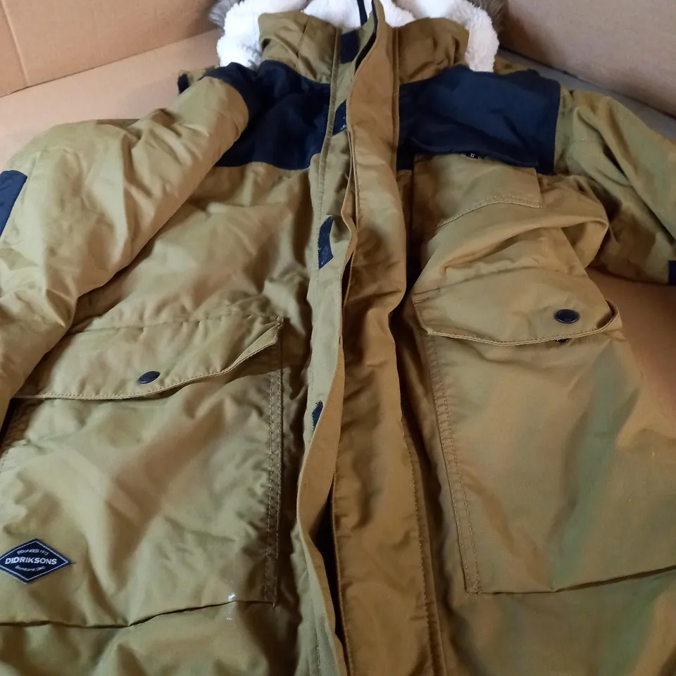 DIDRIKSONS GREEN/BLACK PADDED JACKET WITH FAUX FUR HOOD DETAIL - SIZE UNKNOWN