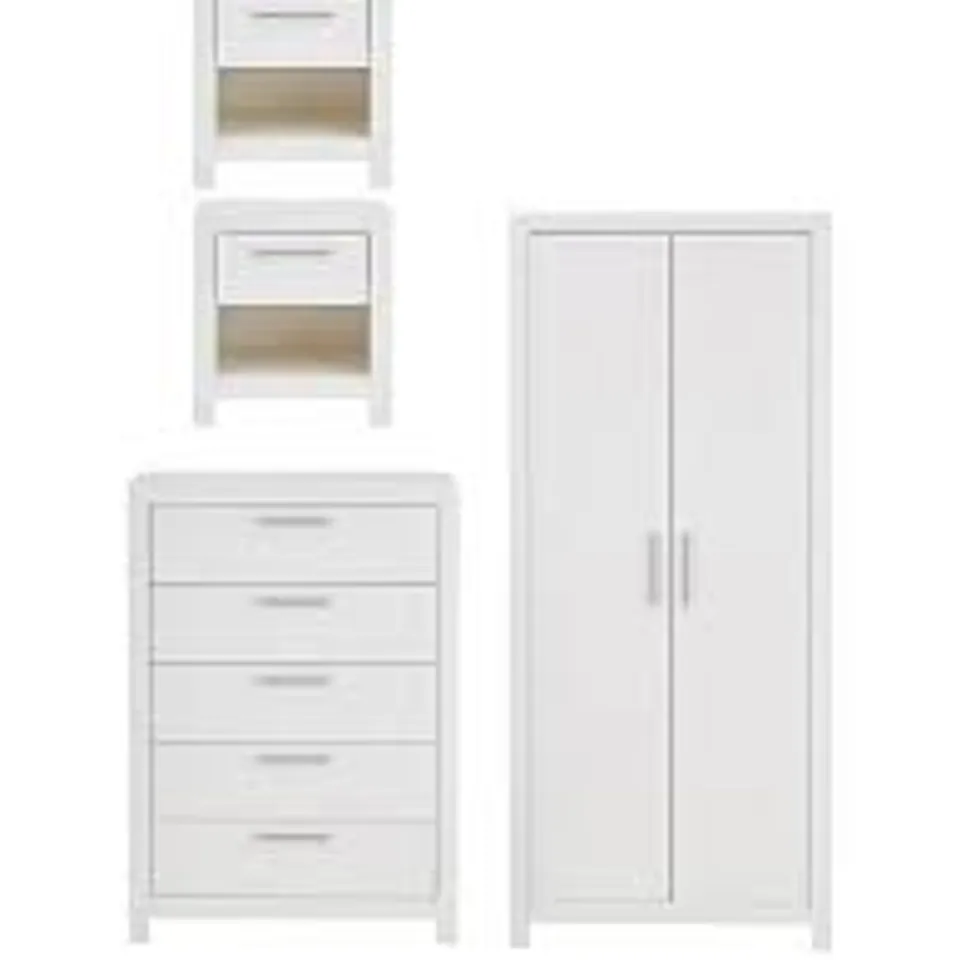 BOXED RIO 4 PIECE PACKAGE DEAL - 3 DOOR WARDROBE, 5 DRAWER CHEST AND 2 BEDSIDE CHESTS (INCOMPLETE - 2 BOXES OF 6)
