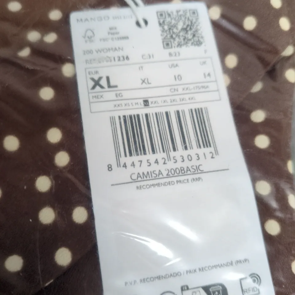 MANGO WOMEN'S BLOUSE - BROWN WITH WHITE POLKA DOTS, UK 14 (US 10)