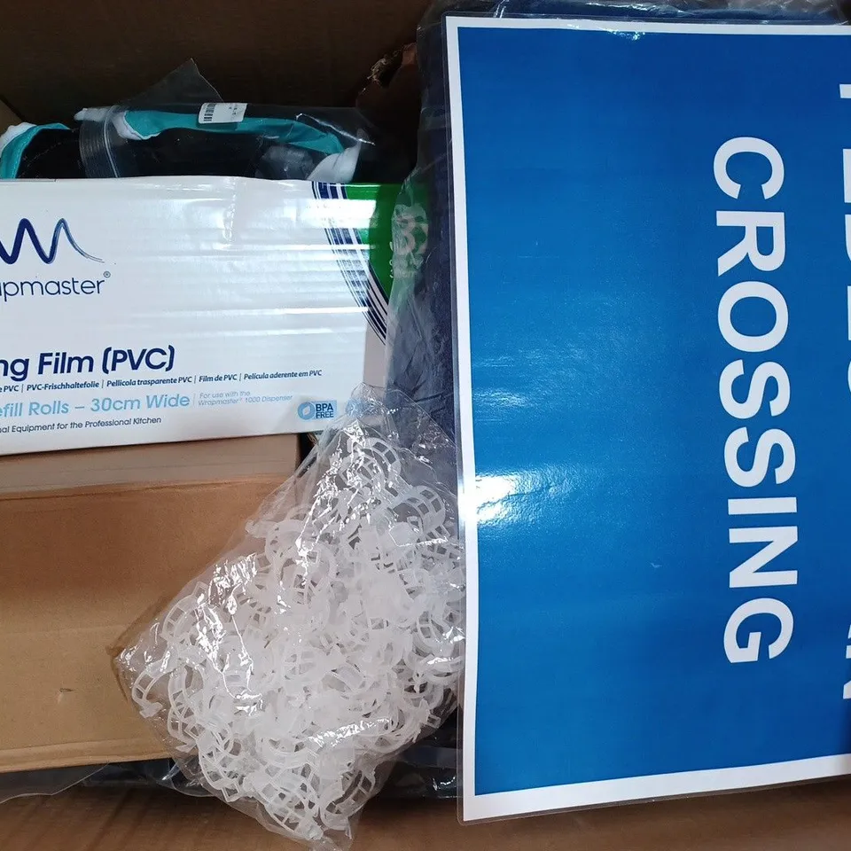 BOX OF APPROXIMATELY 20 ASSORTED HOUSEHOLD ITEMS TO INCLUDE WRAPMASTER CLING FILM (PVC), PEDESTRIAN CROSSING SIGN, ETC