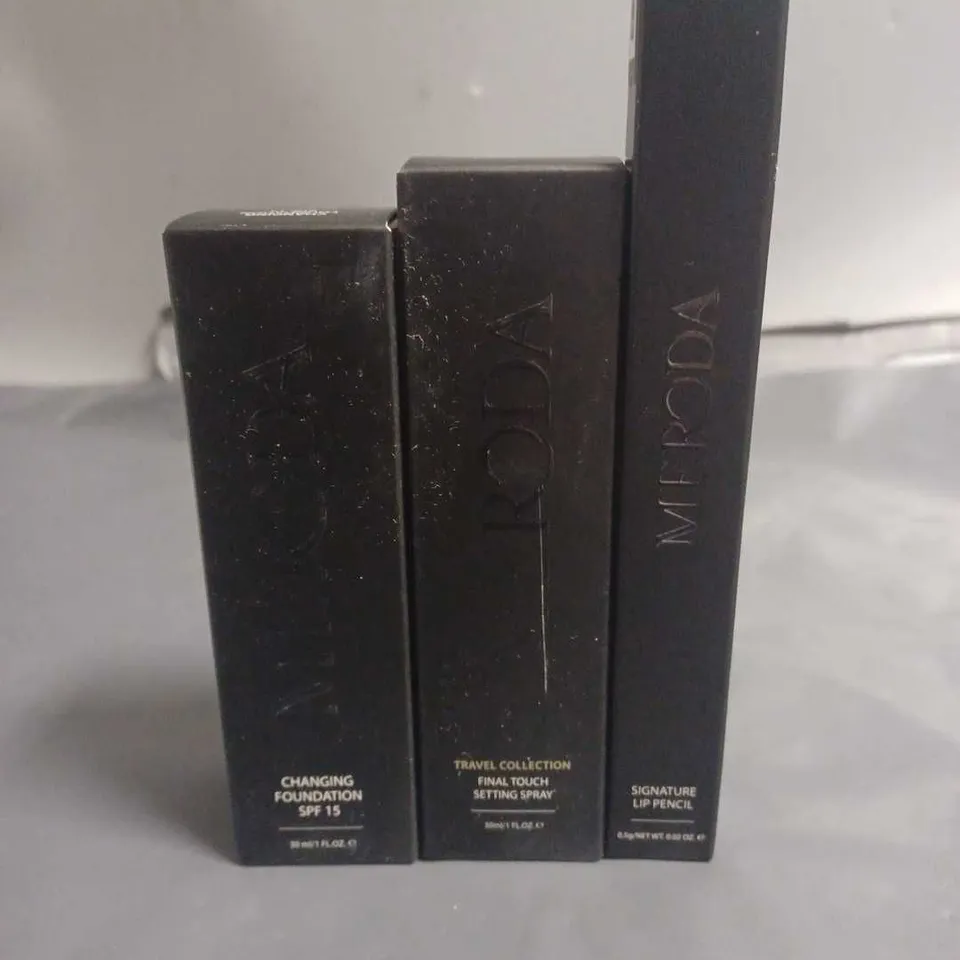 LOT OF 3 MERODA BEAUTY ITEMS INCLUDES FOUNDATION, SETTING SPRAY AND LIP PENCIL