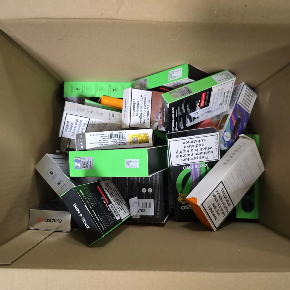 BOX OF APPROXIMATELY 18 ASSORTED E-CIGARETTES PRODUCTS TO INCLUDE - GEEK VAPE , ASPIRE , VAPORESSO ETC