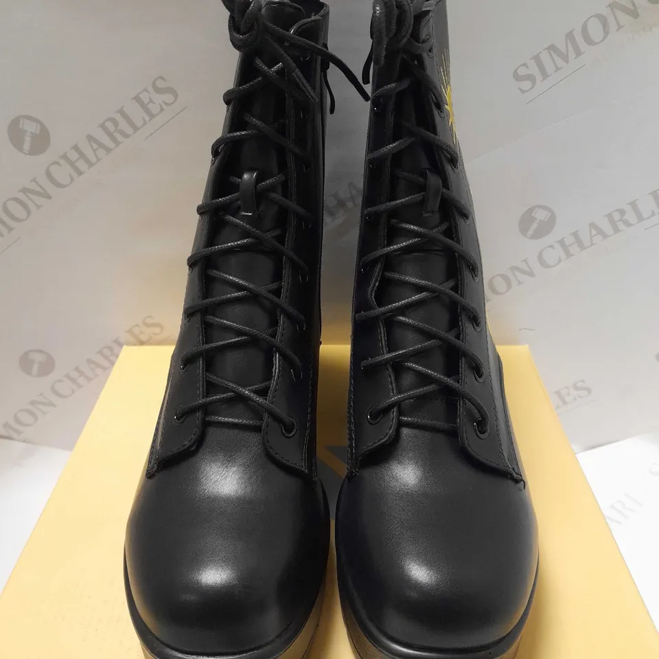 KOI ASTRO STAR AND MOON CHUNKY BLACK PU/GOLD BOOTS - SIZE 7