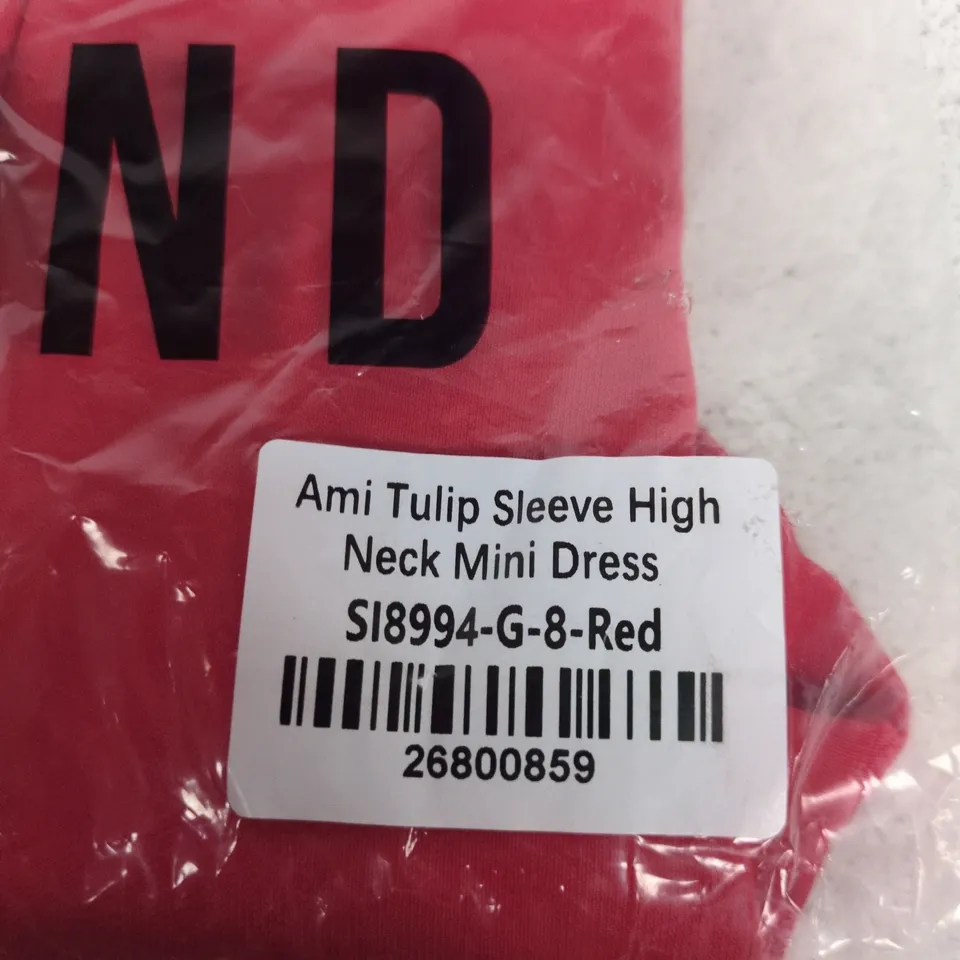 GIRL IN MIND AMI TULIP SLEEVE HIGH NECK MINI DRESS – RED SIZE 8