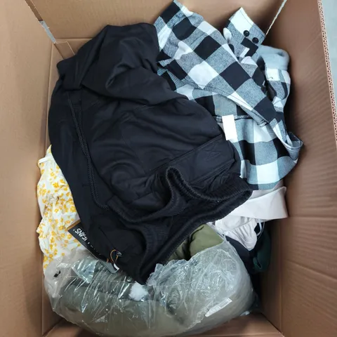 LARGE BOX OF APPROXIMATELY 25 ASSORTED CLOTHING ITEMS IN VARIOUS COLOURS, STYLES AND SIZES - COLLECTION ONLY