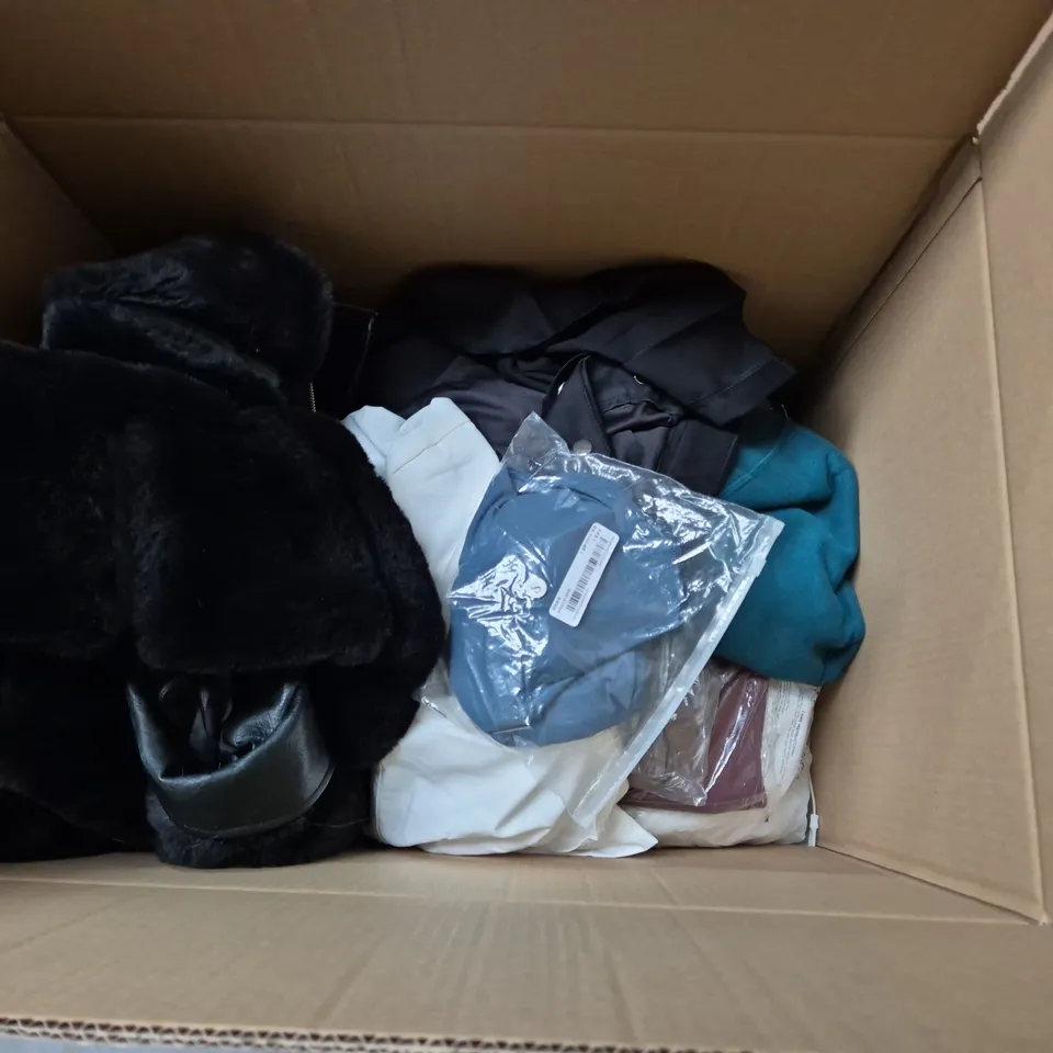 BOX OF APPROXIMATELY 20 ASSORTED CLOTHING ITEMS TO INCLUDE DRESS, TOPS, TROUSERS, ETC