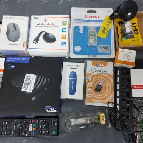 LOT OF 18 ASSORTED TECH ITEMS TO INCLUDE LENOVO MOUSE, POP UP MOBILE DVD-RW, REMOTE CONTROL AND HYDROMETER THERMOMETERS