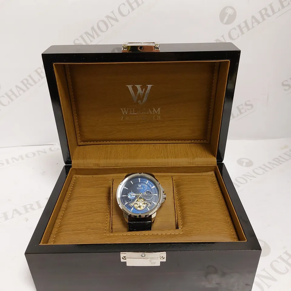 MENS WILLIAM JOURDAIN AUTOMATIC 2580 WATCH – OPEN HEART MOVEMENT WITH SUB DIALS – GLASS EXHIBITION BACK CASE – BLACK GENUINE LEATHER STRAP