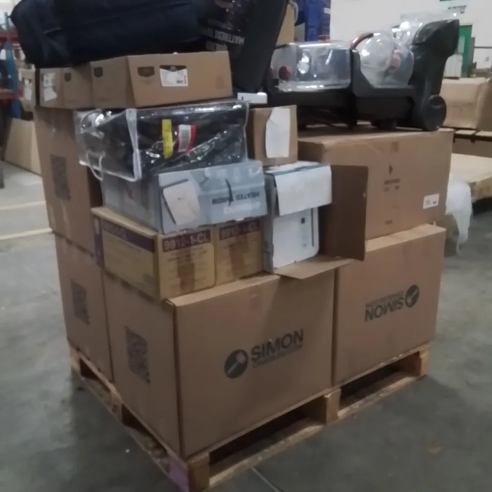 PALLET OF ASSORTED HOUSEHOLD GOODS AND PRODUCTS TO INCLUDE;PLATES,LADY SHAVER,COATS,CLOTHES,MATTRESS TOPPER,CHANDELIER,CARPET CLEANER,KETTLE 
