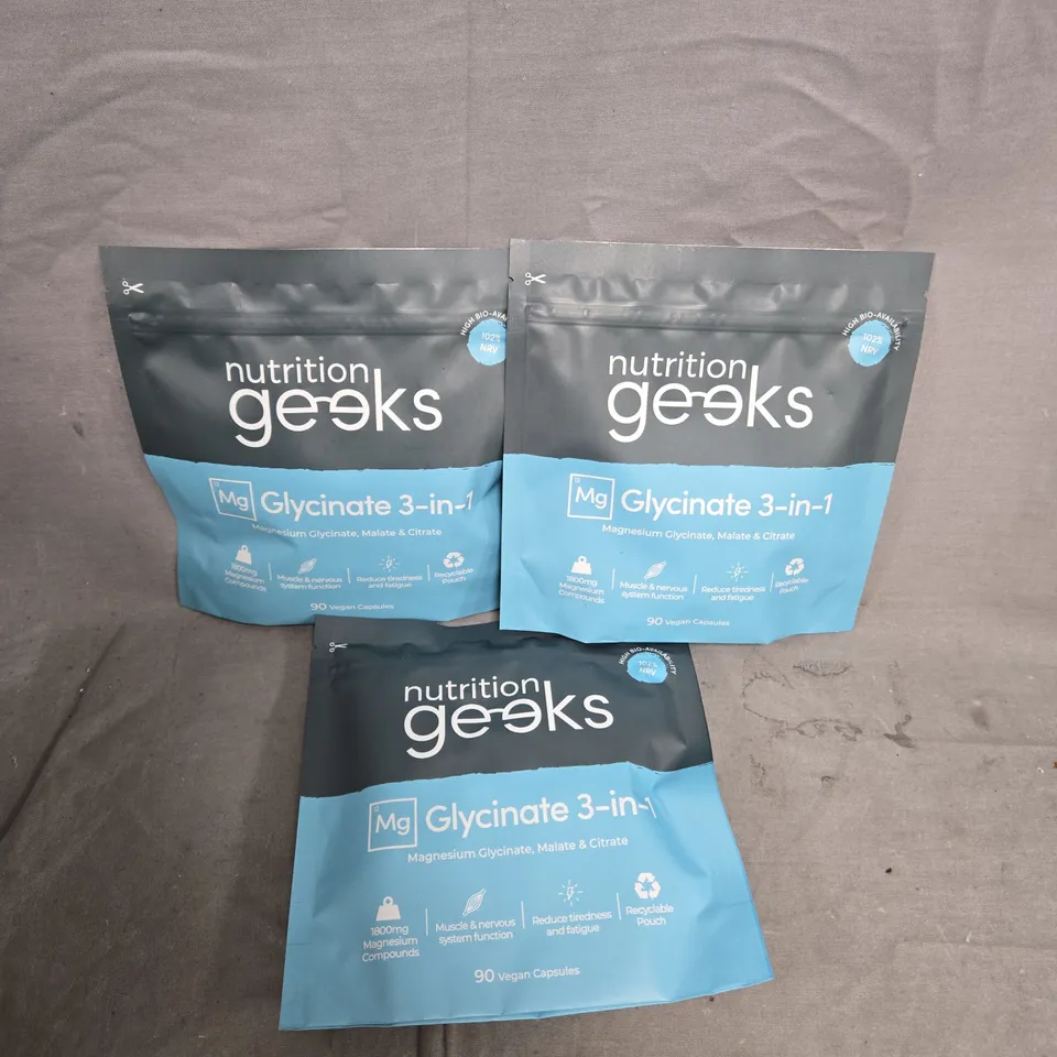 3 PACKS OF NUTRITION GEEKS MG GLYCINATE 3-IN-1 (90 VEGAN CAPSULES PER PACK)